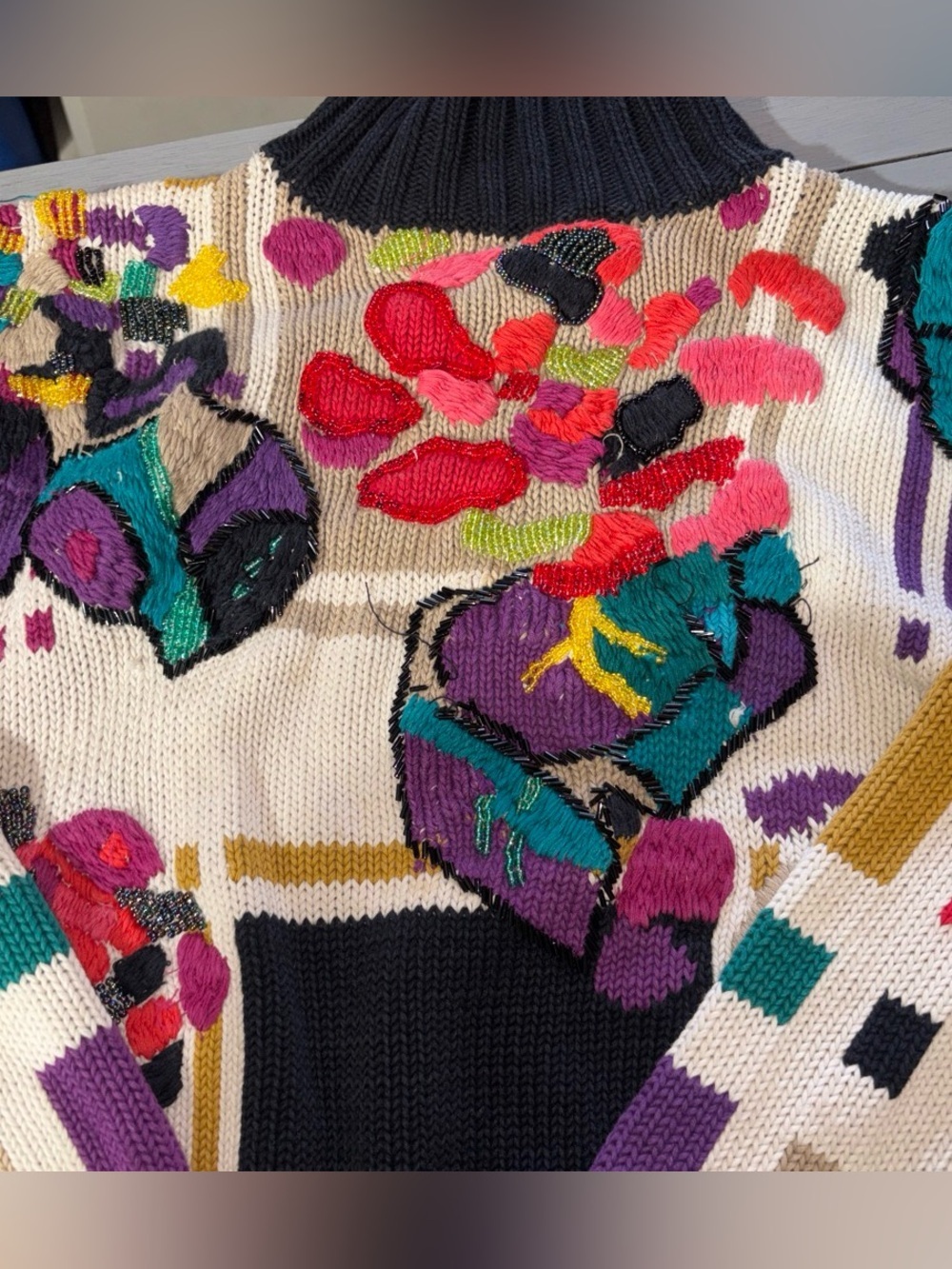 1980’s Multicolor Floral Intarsia Mockneck Sweater - Picture 2 of 6